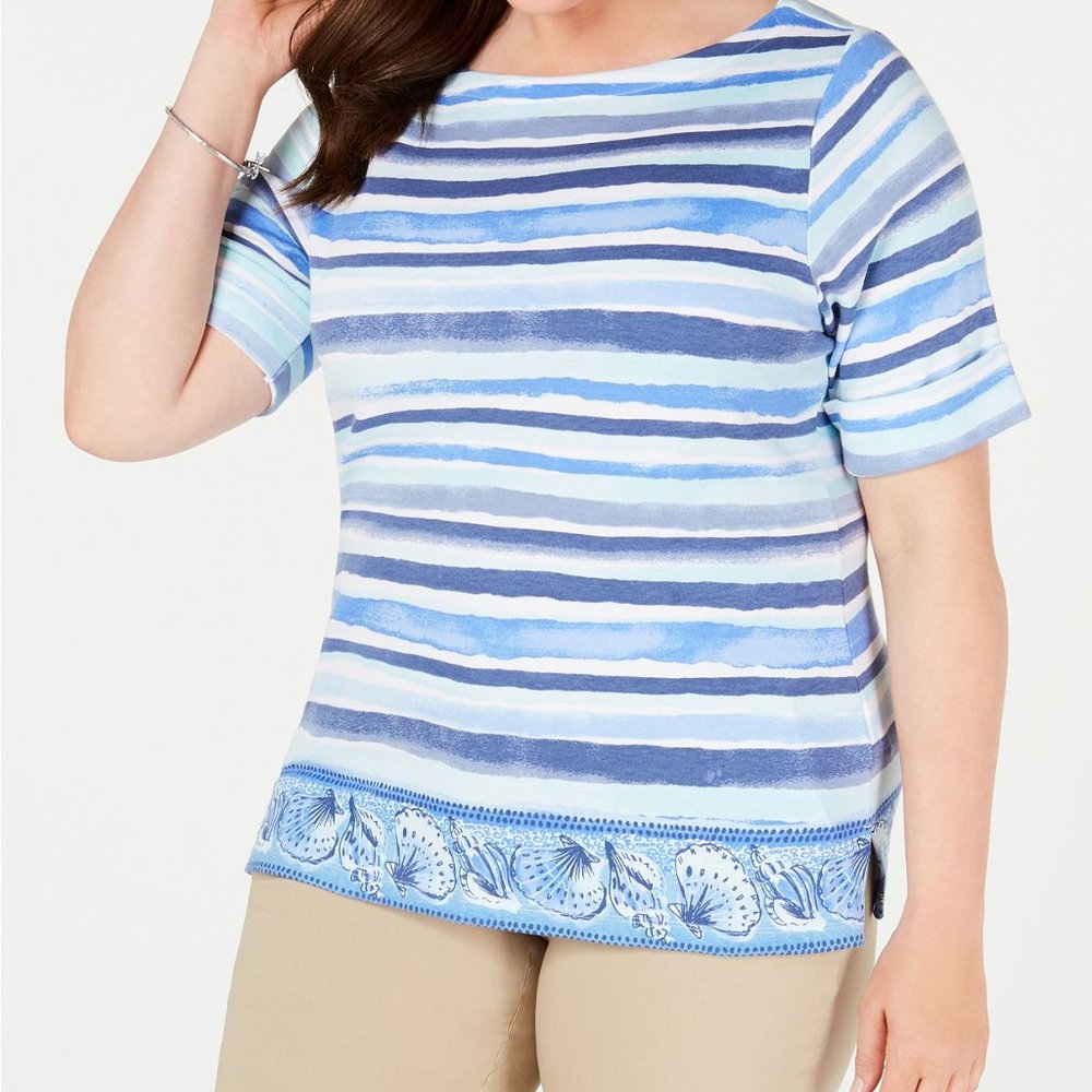 KAREN SCOTT 0X Striped Boat Neck Cuff Knit Top A23
